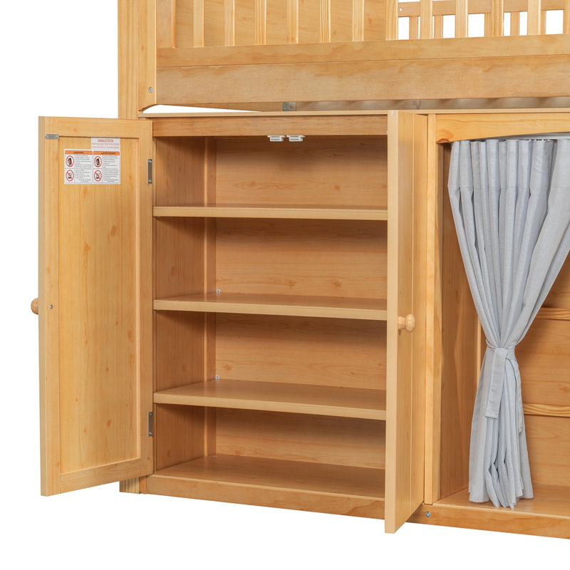 Lit mezzanine double avec armoire de rangement, Bois, Lit double