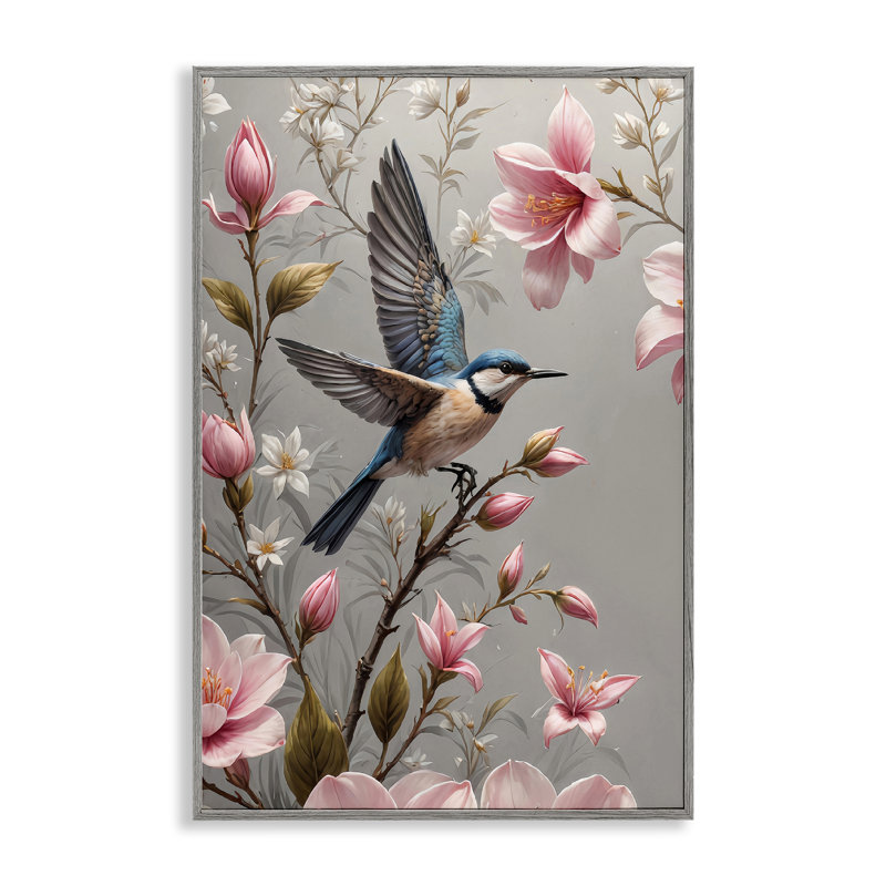 Fleurs tendres de rose tendre avec un oiseau, estampe numérique par Yuri Khrushch, Estampe numérique Farmhouse