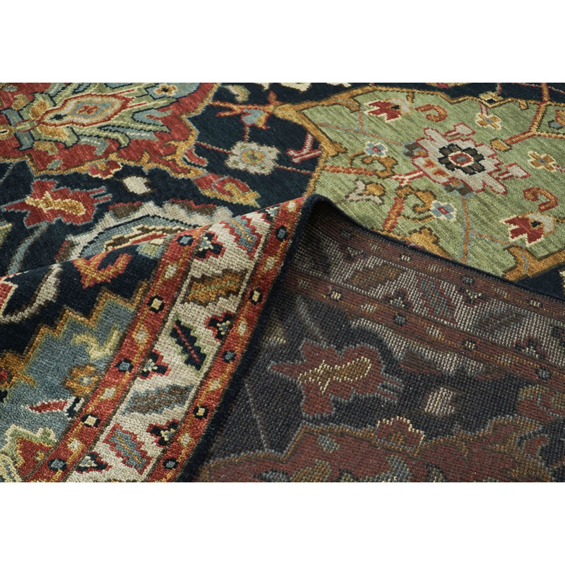 Tapis bleu en laine noué à la main 9 pi 2 po x 12 po Oushak