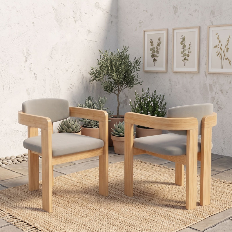 Ensemble de 2 fauteuils de salle à manger d'extérieur en bois massif avec coussins, dossiers courbés et pieds réglables
