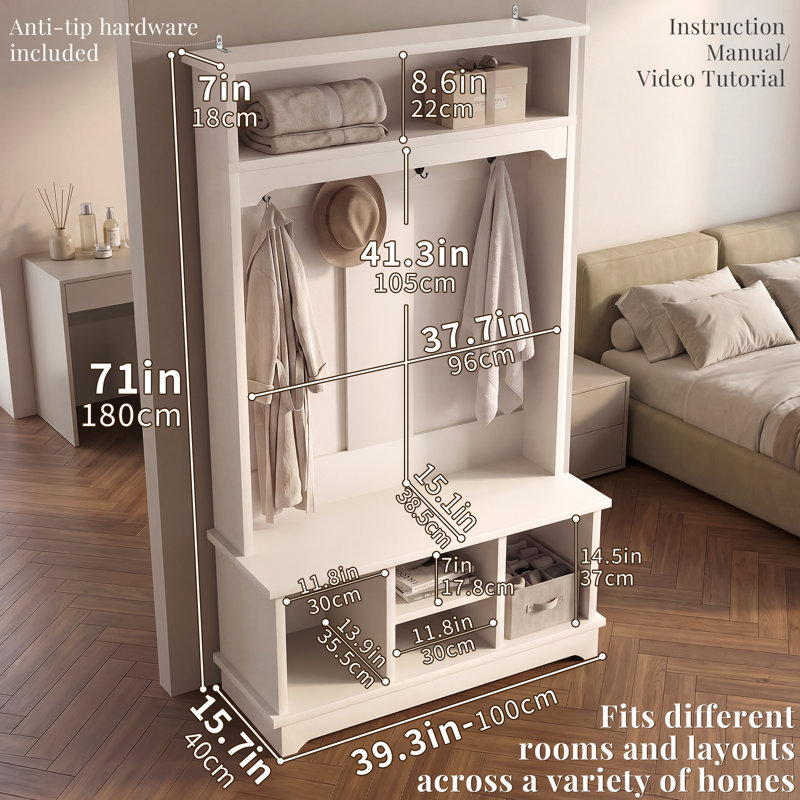 Porte-manteau d'entrée OMCHOM 180 cm avec banc et rangement à chaussures, en bois, avec banc 6 en 1 pour vestiaire, rangement et 5 crochets, compartiment de rangement supérieur, 4 casiers à chaussures et tablette réglable.