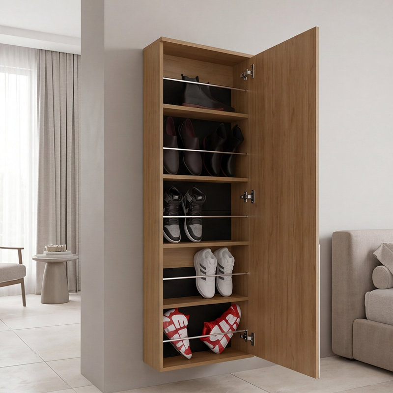Armoire à chaussures murale en chêne naturel avec miroir, conception peu encombrante pouvant contenir 10 paires de chaussures