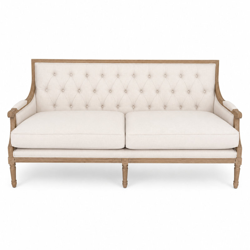 Canapé Louis capitonné, Gray Linen, Natural Wood