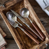 Stainless Steel Flatware Set With Walnut Handles - Retro Satin Finish, 4 Pieces (Knife, Fork, Spoon, Dessert Spoon)