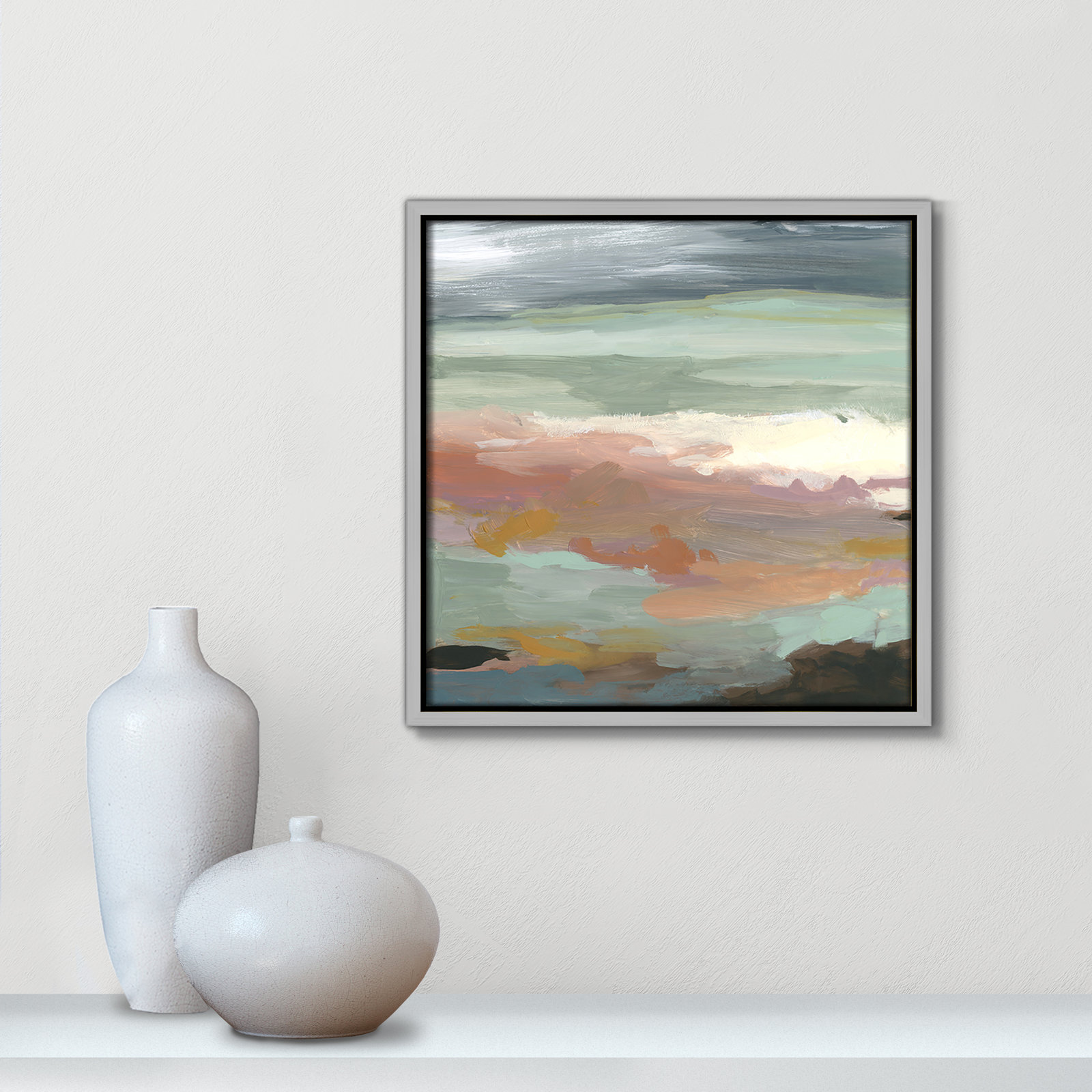 Ocean Bluffs by Carol Robinson - Painting Print on Paper, Picture Framed Canvas, 13.5" H x 13.5" W, Silver