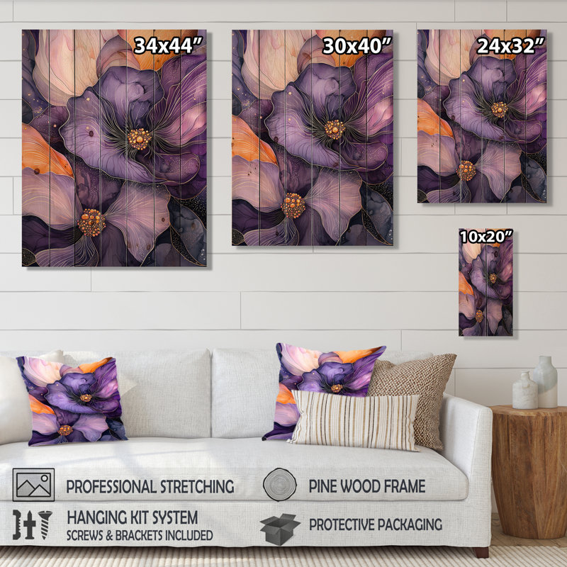 Danse, étreinte de bégonia mauve, art mural sur bois de pin naturel, H 32 po x l 24 po x P 0,78 po