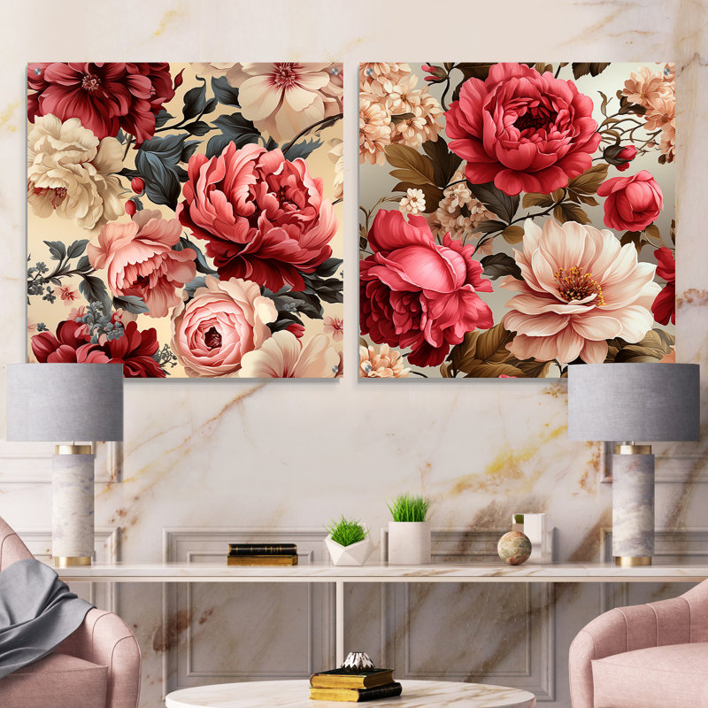 Motif victorien rétro de roses victoriennes - ensemble d'art mural en acrylique sur verre floral, H 36 po x l 73 po
