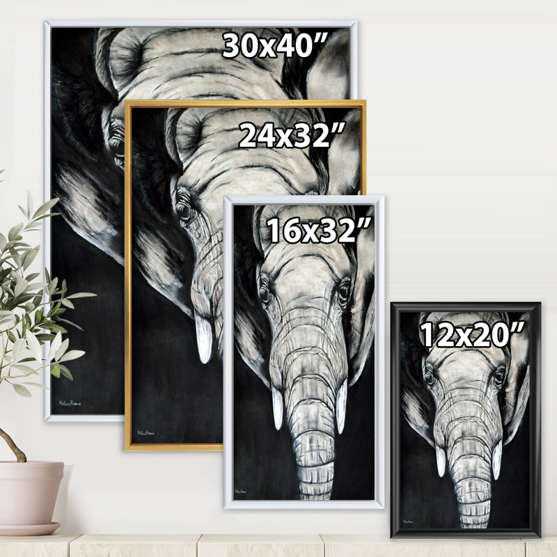 Le portrait d'un éléphant d'Afrique - Peinture sur toile, H 40 po x l 30 po x 1,5 po, Cadre flottant doré