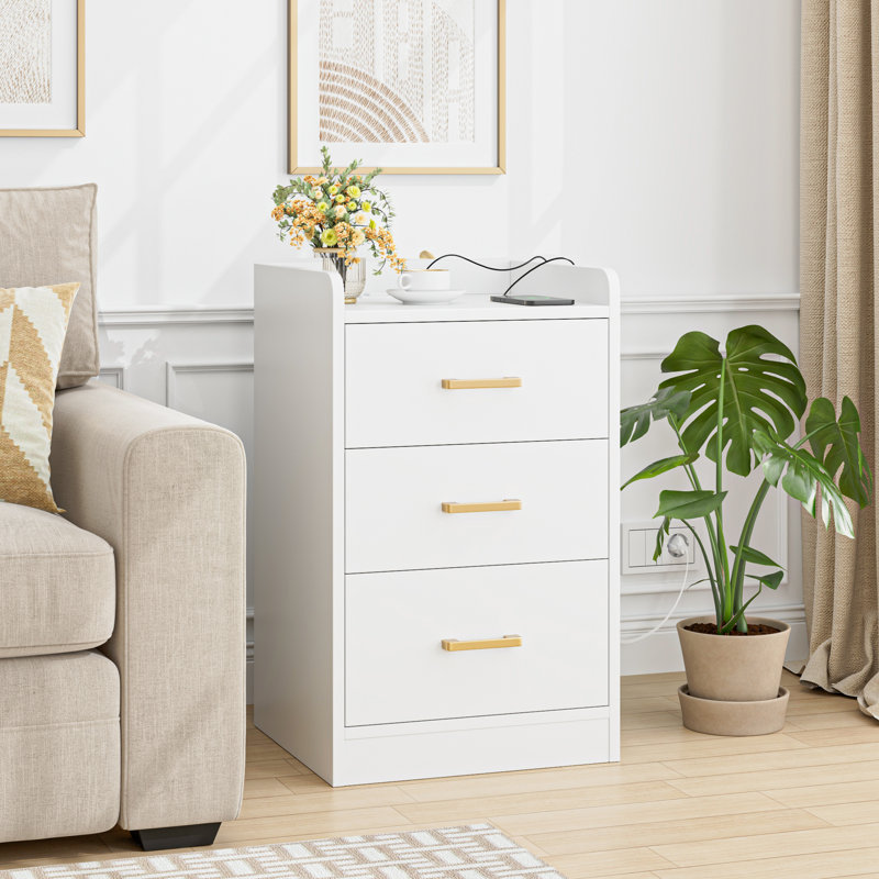 Bettylee 3-Drawer Nightstand with Charging Station, White, Individual