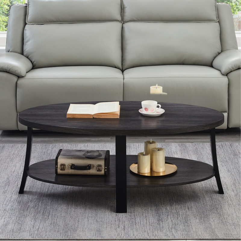 Table basse gris anthracite ovale avec tablette en bois et pratique, Gris anthracite