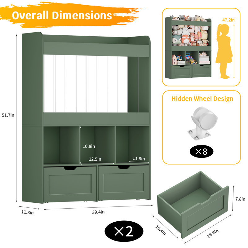 51.7"H Toy Box Storage Organizer,Large-Capacity Stuffed Animal Storage with 2 Movable Storage Drawers,3 Storage Cubes, Kids Bookshelf for Kids Room, Playroom(Green)
