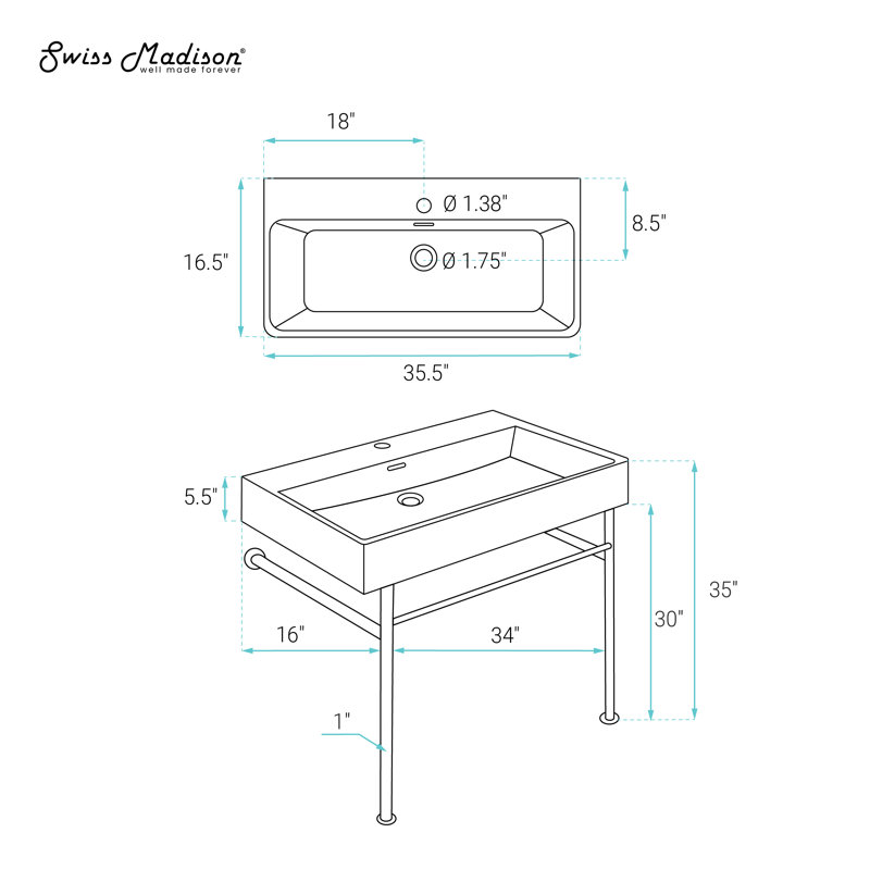 Carre 36" Ceramic Console Sink White Basin Brushed Gold Legs SM-CS723BG, White/Brushed Gold