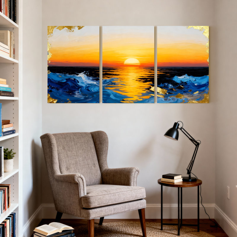 Coucher de soleil sur les vagues de l'océan, ciel doré, ensemble de 3 impressions sur toile, H 30 po x l 60 po