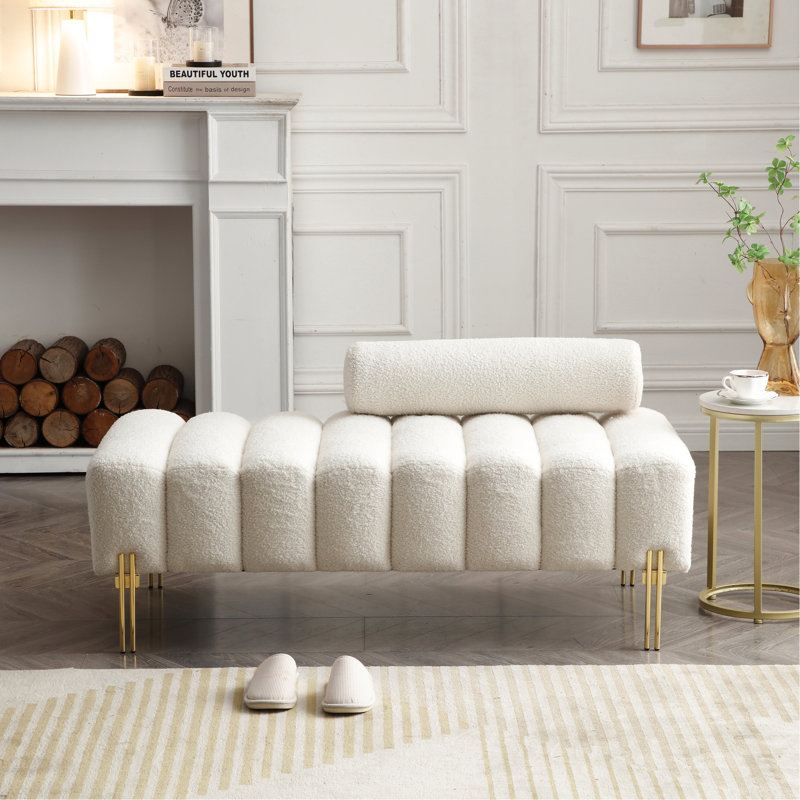 Banc de hall d'entrée moderne à 2 places avec tissu doux et pieds dorés, fenêtre en métal doré de 53,2 po, Beige