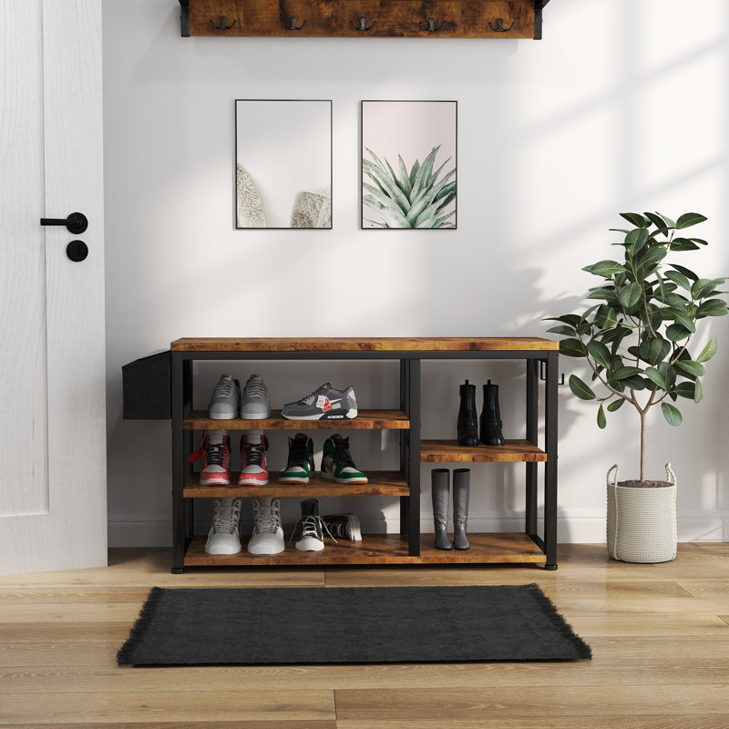 Arbre d'entrée moderne de 39,4 po de largeur avec banc, rangement pour chaussures et 6 portemanteaux, Rétro