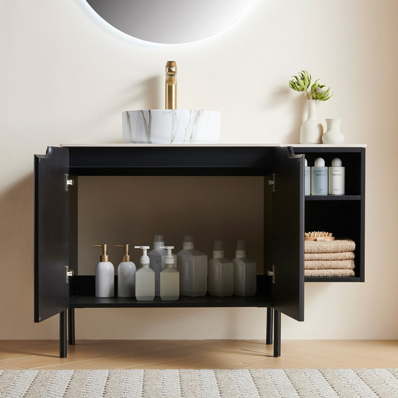 Armoire de rangement murale autoportante et murale de 42 po avec 2 portes et une tablette ouverte de 12 po, un lavabo rond en céramique blanc avec motif de pierre et un comptoir blanc de Carrare, sans robinet, couleur noire