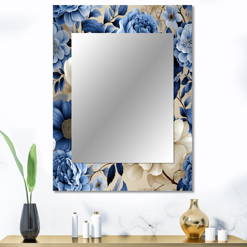 Lincoln Cobalt Blue Neo Victorian Roses Victorian Pattern - Floral Large Wall Mirror, Cottage Unique Mirror, Printed Metal Art