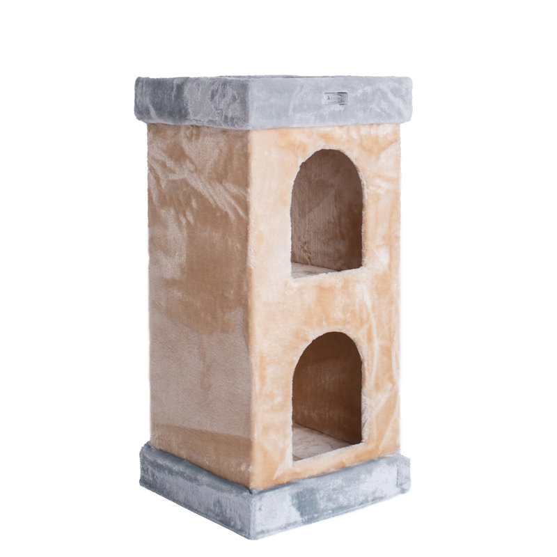 Beige Faux Fur and Sisal Freestanding Cat Tree with Double Condo