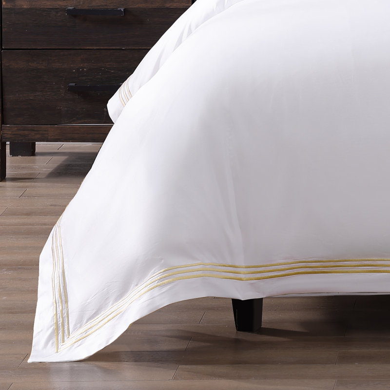 Triple Luxe Sateen Duvet Cover Set , White/Gold, King Duvet Cover + 2 King Shams