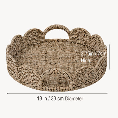 Woven Scalloped Wicker Tray, Decorative Serving Tray with Cut-Out Handles for Coffee Table, Household Home Decoration