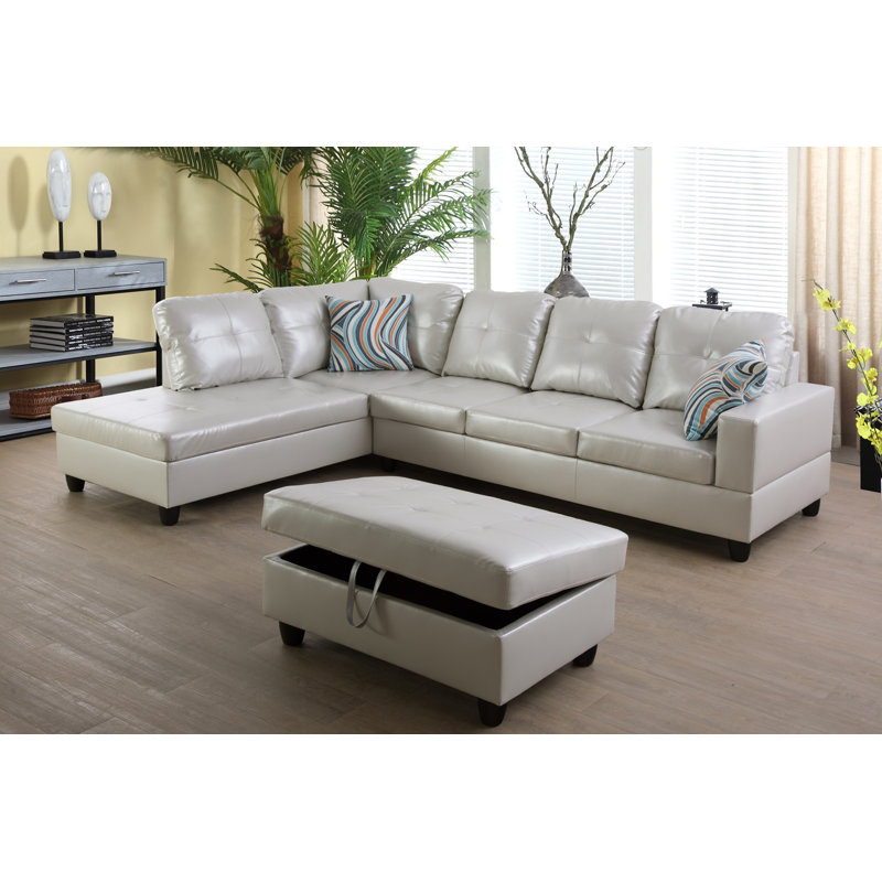 Brevard Faux Leather L-Shaped Sectional, Left Hand Facing, Shiny Light Gray