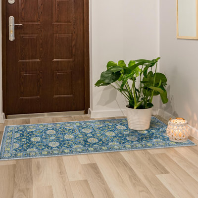 Wrinkle Free Flatweave Traditional Blue Area Rug for Living Room, Hallway Runner