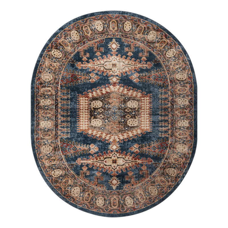 Vern Dark Blue/Brown Area Rug, Blue/Brown, Oval 7'10" x 10'