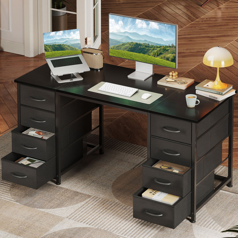  Home Office Desk With 8 Spacious Fabric Drawers, Modern Writing Desk With Sturdy Design, Corner Desk With Reversible Structure
