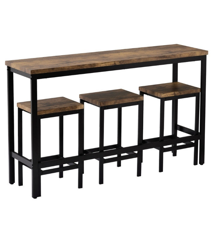 Ensemble de salle à manger très long à hauteur de comptoir - 3 tabourets avec repose-pieds, table d'appoint de pub, Brun