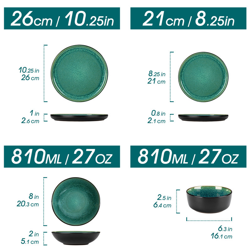16-Piece Ceramic Dinnerware Set, Black Dinnerware, Dinner Set Service For 4 People, Dinner Plates, Dessert Plates, Soup Plate And Bowls