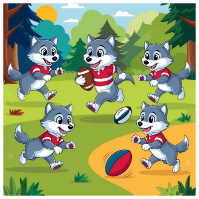 Dessin de loups jouant à la tapisserie murale - Rugby Wall Decor