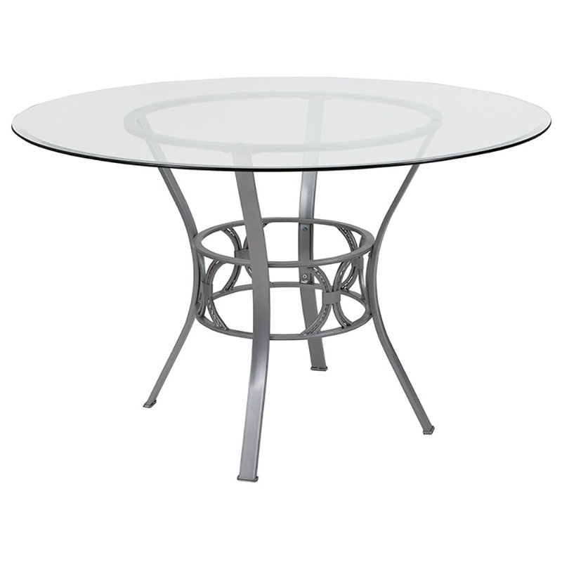 Table de salle à manger ronde en verre de 42 po avec structure en métal de style croissant Hardrick, Noir