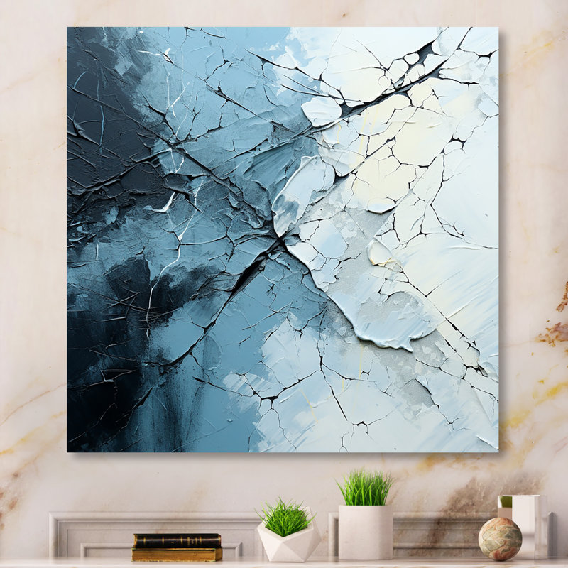 "Blanc et bleu abstrait fendu" sur métal, H 24 po x l 24 po x P 1 po