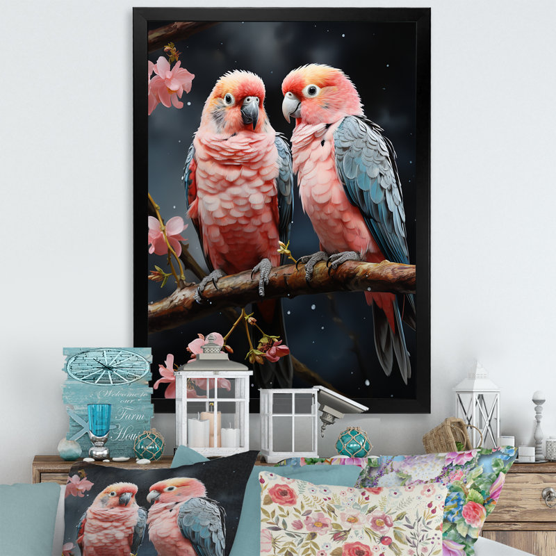 Whimsical Whispers Love Birds sur impression sur toile, Cadre photo noir simple, H 32 po x l 24 po x P 1 po