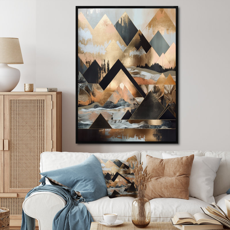 "Horizons géométriques noirs et or", reproduction sur toile, Cadre photo noir, H 32 po x l 24 po x P 1 po