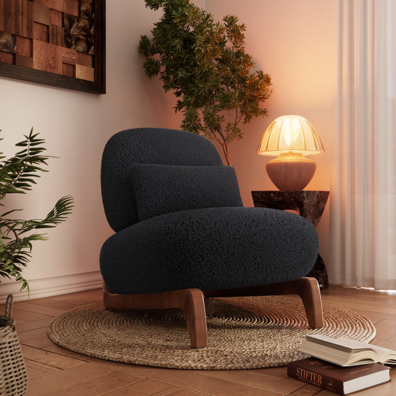 Cloud Modern Sherpa Sofa with Wood Wedge Legs, Black