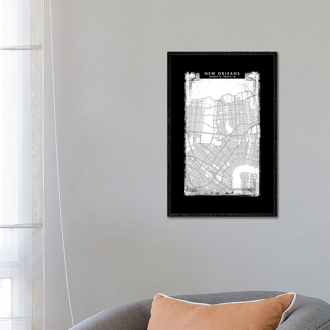 New Orleans Stadtplan Schwarz Weiß Grau Stil von WallDecorAddict - Gallery-Wrapped Canvas Giclée on Canvas