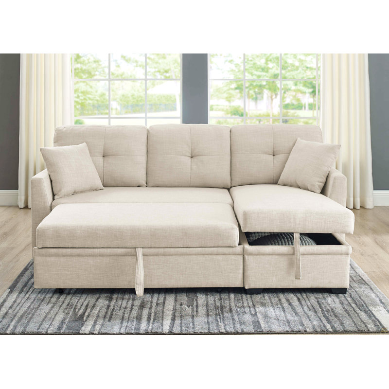 76.5" Linen Blend Upholstered Sectional With Pull-Out Bed And Chaise Storage, Beige Linen Blend