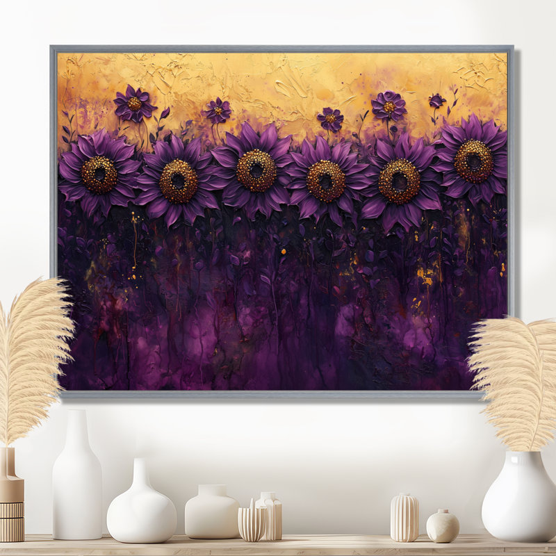 Champ de tournesols lilas foncé - art mural tournesols pour le salon, Argent argent, Impression encadrée flottante