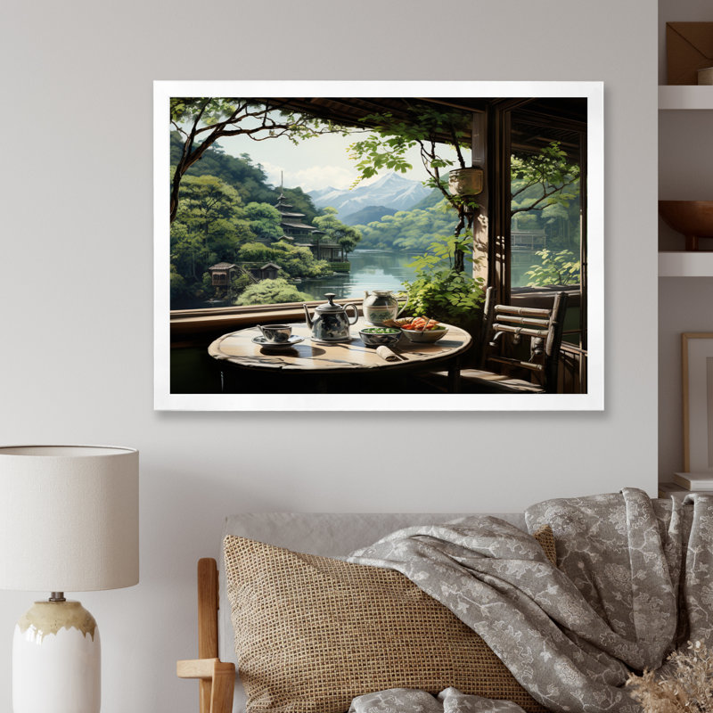 Art japonais, maison de thé Serenity - Art mural japonais, H 24 po x l 32 po x P 1 po, Cadre simple blanc