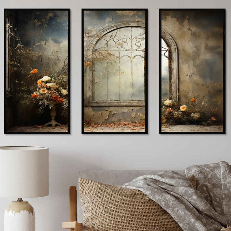 Haunt Floral Gothic Windows I - Floral Wall Art mural, H 40 po x l 60 po, Cadre flottant noir