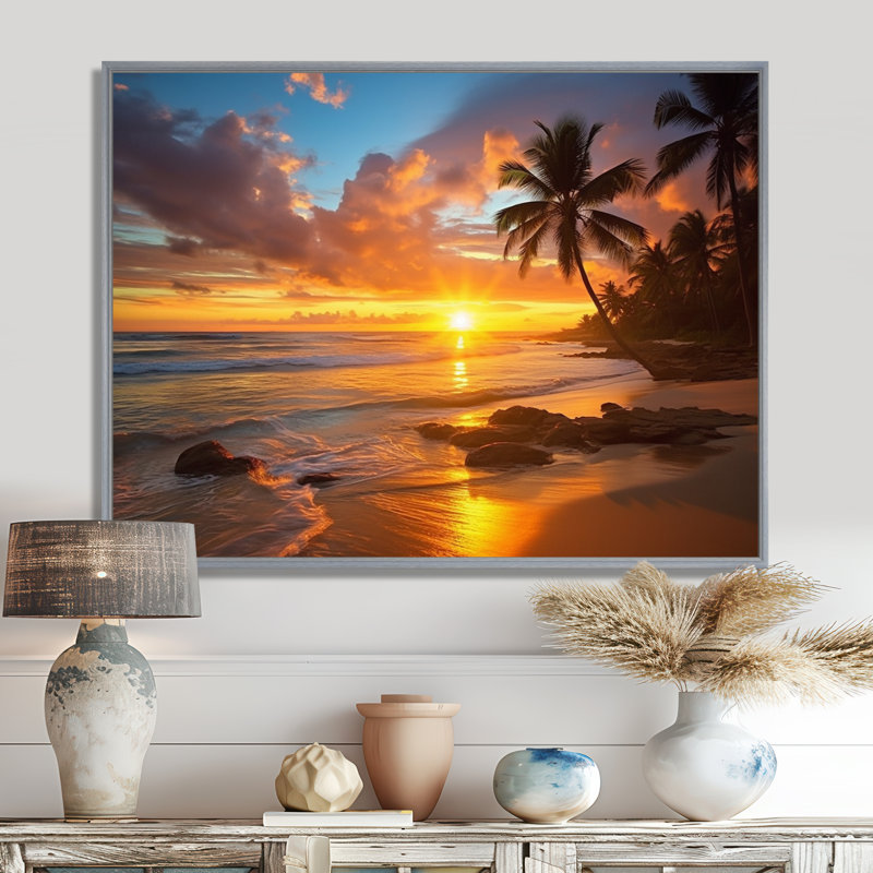 Plage, coucher de soleil, sérénade, art de la plage côtière, H 16 po x l 32 po, Cadre photo blanc