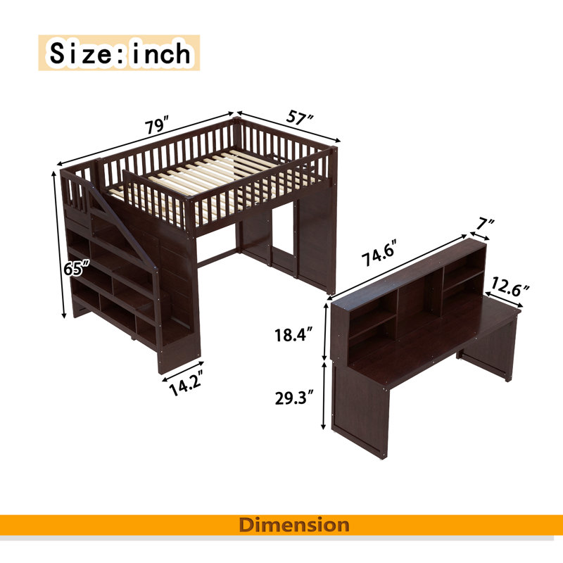 Lit mezzanine avec bureau mobile et tablette de rangement, avec escalier de rangement, Lit double, Espresso