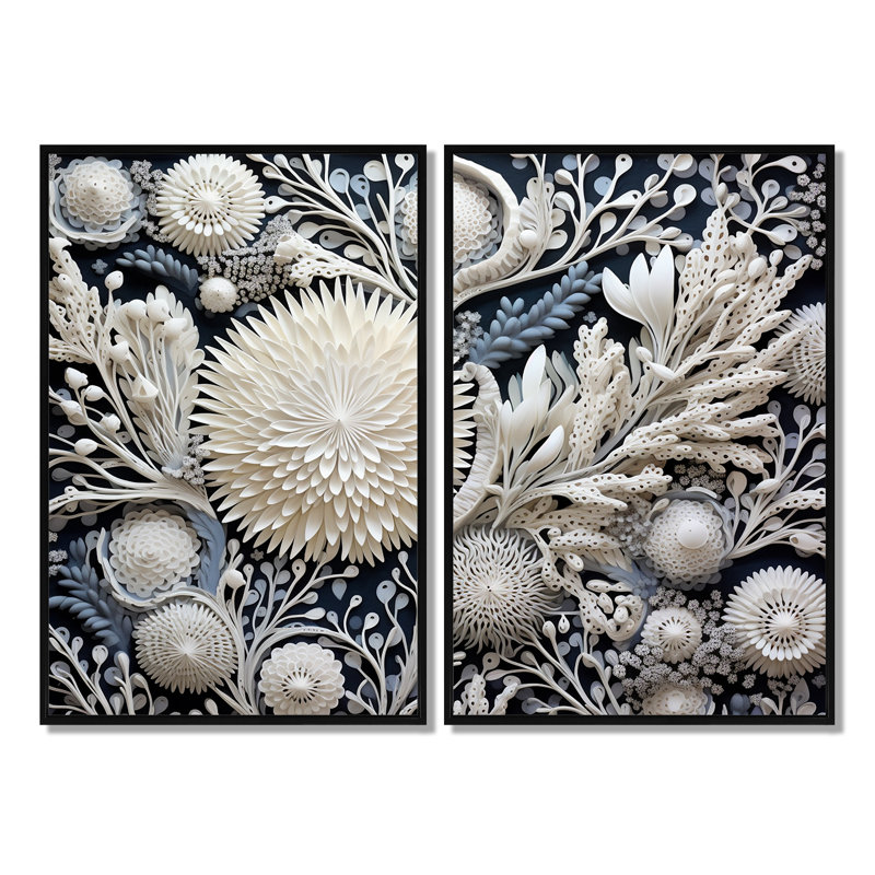 Fleurs de corail gris - impressions sur toile grises, Noir, H 36 po x l 48 po, Reproduction encadrée sans passe-partout