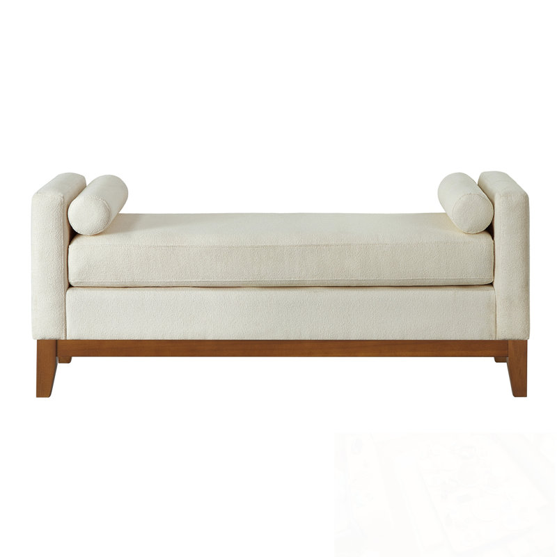 Boucle Fabric Bench with Armrest and Pillows, Beige