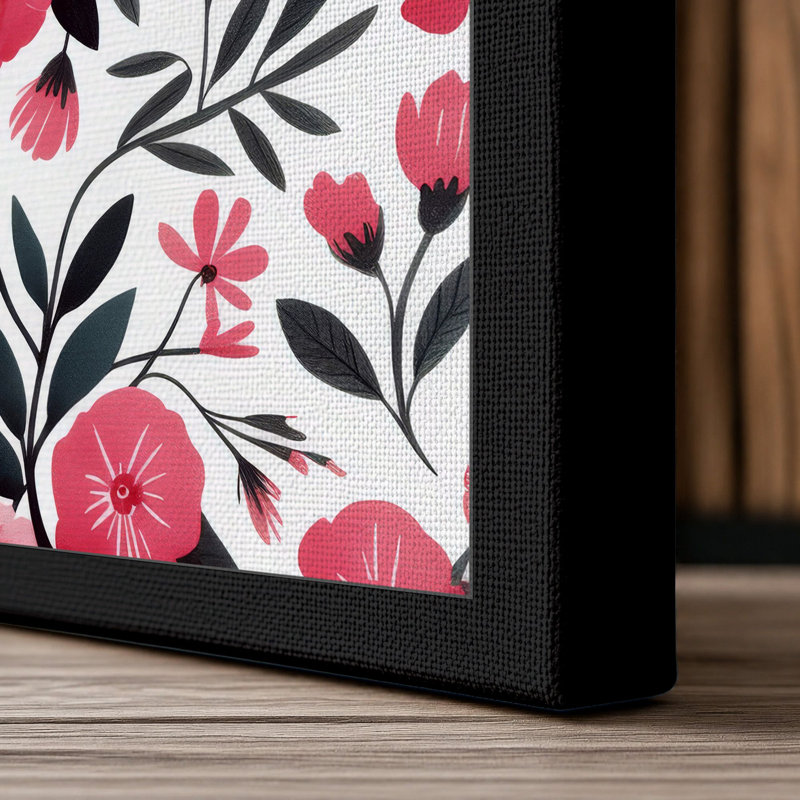 Pink Blooms Pattern Botanical - Wrapped Canvas, 24x16 - 61.0 x 40.6 cm, Black Border