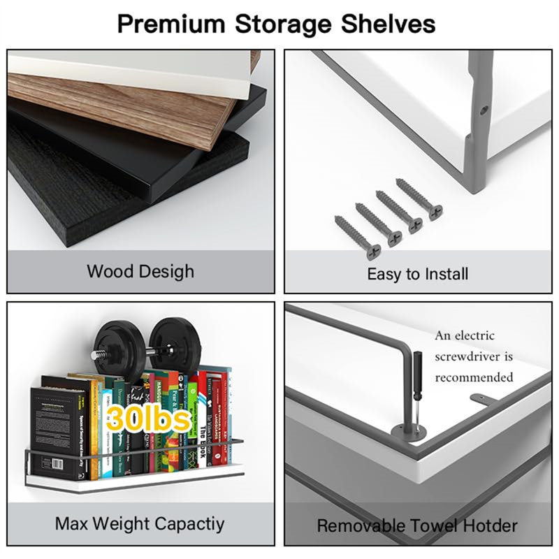 White and Gray Pine Wood Floating Shelves with Metal Towel Rack