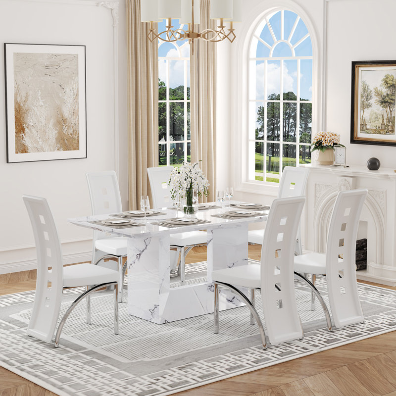 63'' Faux Marble Rectangular Dining Table Set For 4–6 With PU Leather Chairs And O-Shaped Base, 7 Pieces: Table, 6 Chairs