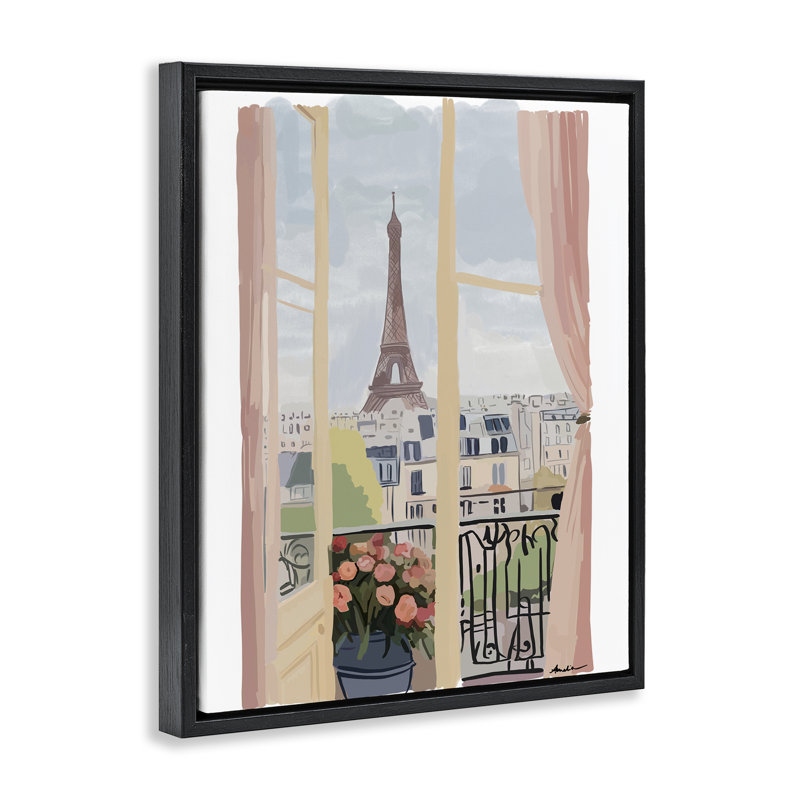 Toile flottante encadrée Parisian Window Overpoint, design par Amelia Noyes, Cadre flottant noir de jais, H 21 po x l 17 po