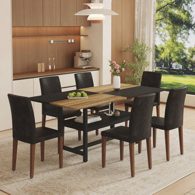 Table and chair set.71*35.4 inch Wooden And Black Spliced Dining Table With Storage Function In The Middle Of The Table Legs.Paired With PU Dining Chairs, Simple And Versatile
